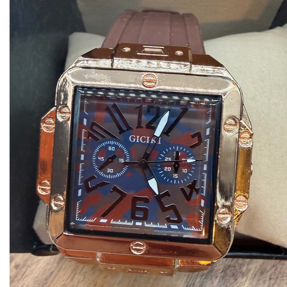Giciki Men's Watch Rose Gold Square Case Camo Dial Brown Silicone Strap   0458 - Picture 2 of 4